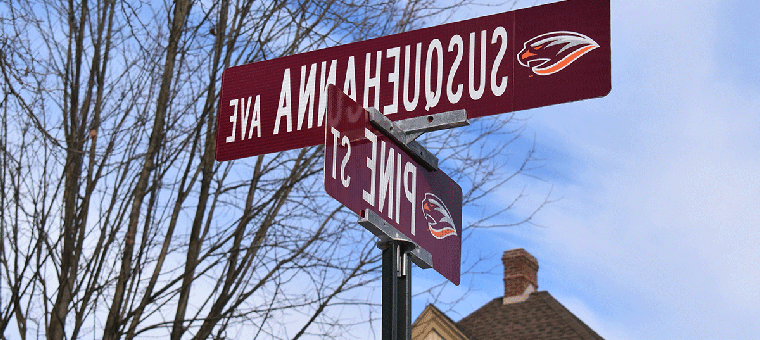 塞林斯格罗夫市中心的新街道标志上装饰着萨斯克汉纳大学的田径标志，为河鹰队增添了一份自豪感.